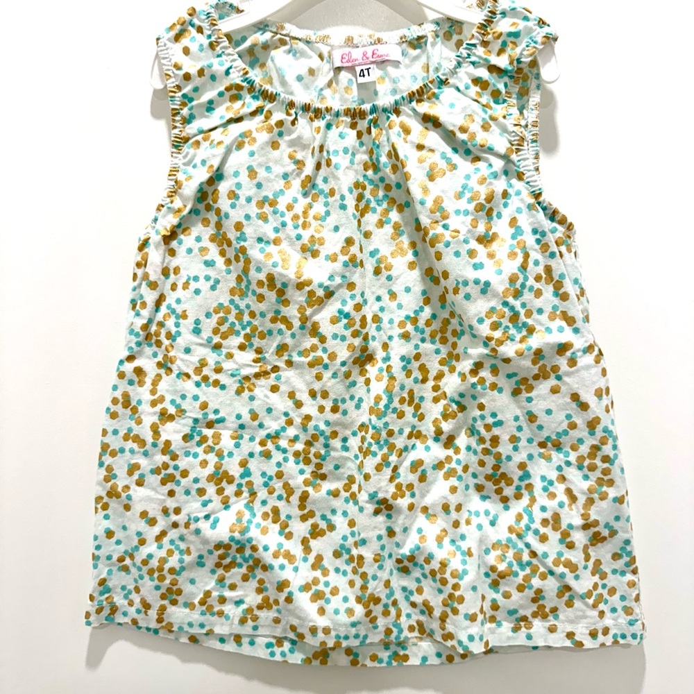 Eden and Esme White Cotton Blouse with Blue and Gold Polka Dots Size 4T.